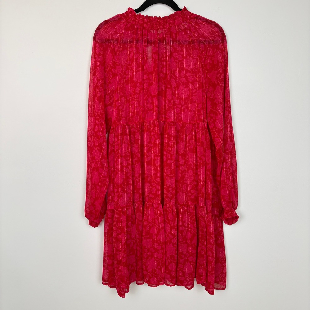 ON 34TH‎ Womens Sheer Pink Floral Metallic Tiered Babydoll Dress L Back Tie Boho